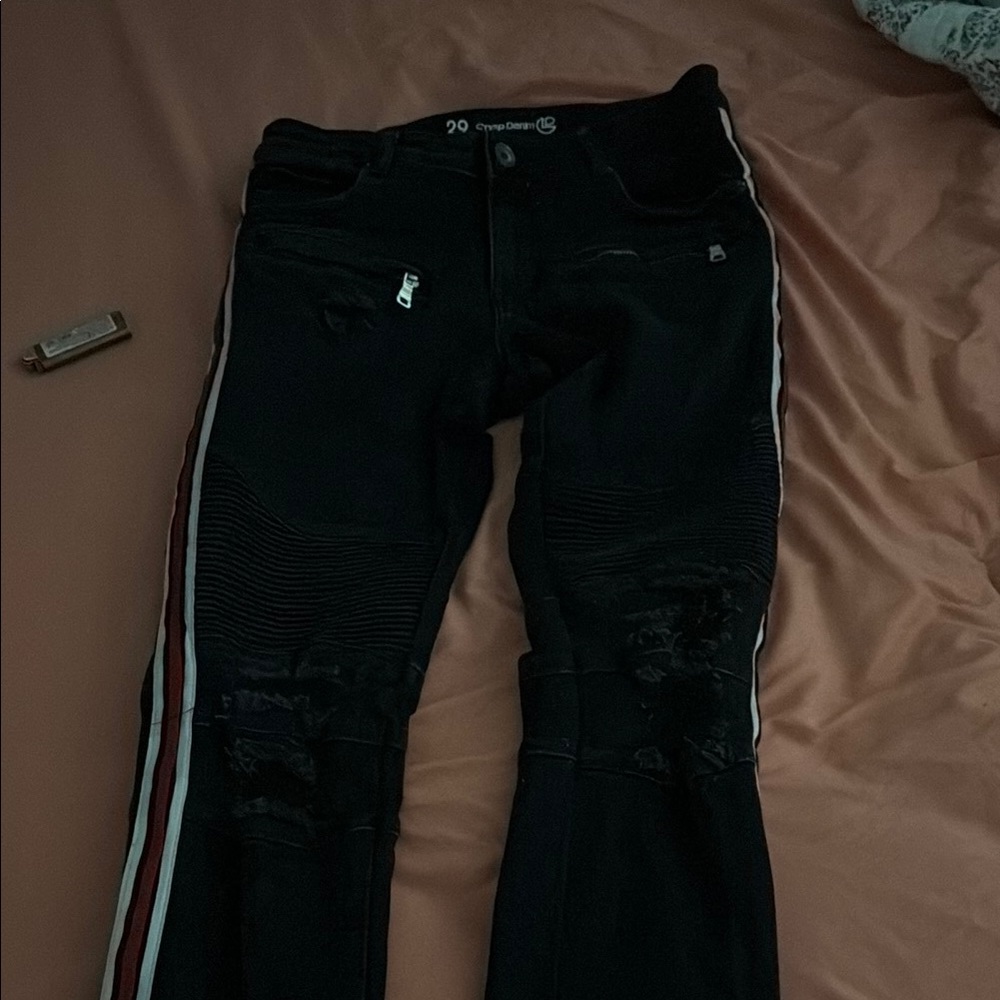 Black Jeans with Red and White Stripes